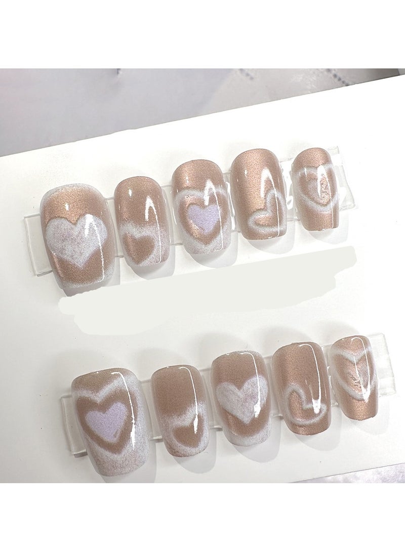 Pink Heart Wearable Removable Fake Nails Short, Wearable Fake Nails for Woman 10 Pieces With Glue