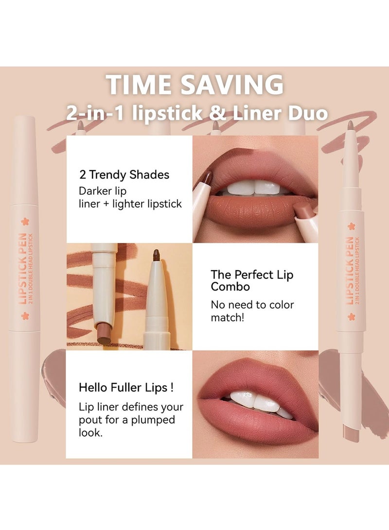 3 Colors Nude Lip Liner and Lipstick Kit, Double Ended, 2 in 1 Chestnut Brown Dark Lipliner and Light Lipstick, Matte Cream Lip Pencil, Waterproof 24 Hour Makeup for Full Lips Look, #04 #05 #06