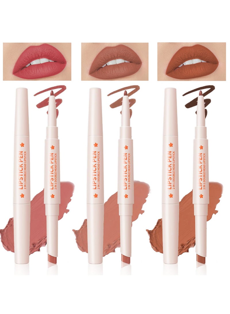 3 Colors Nude Lip Liner and Lipstick Kit, Double Ended, 2 in 1 Chestnut Brown Dark Lipliner and Light Lipstick, Matte Cream Lip Pencil, Waterproof 24 Hour Makeup for Full Lips Look, #04 #05 #06