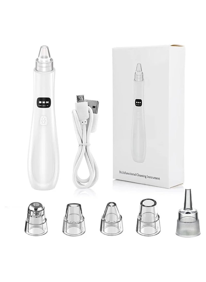Blackhead Extractor, Blackhead Remover, Upgraded Skin Tag Removal Kit with 5 Probes, Pore Extractor Portable Pimple Extractor, Rechargeable USB Port 3 Speeds Control, for Women and Men White