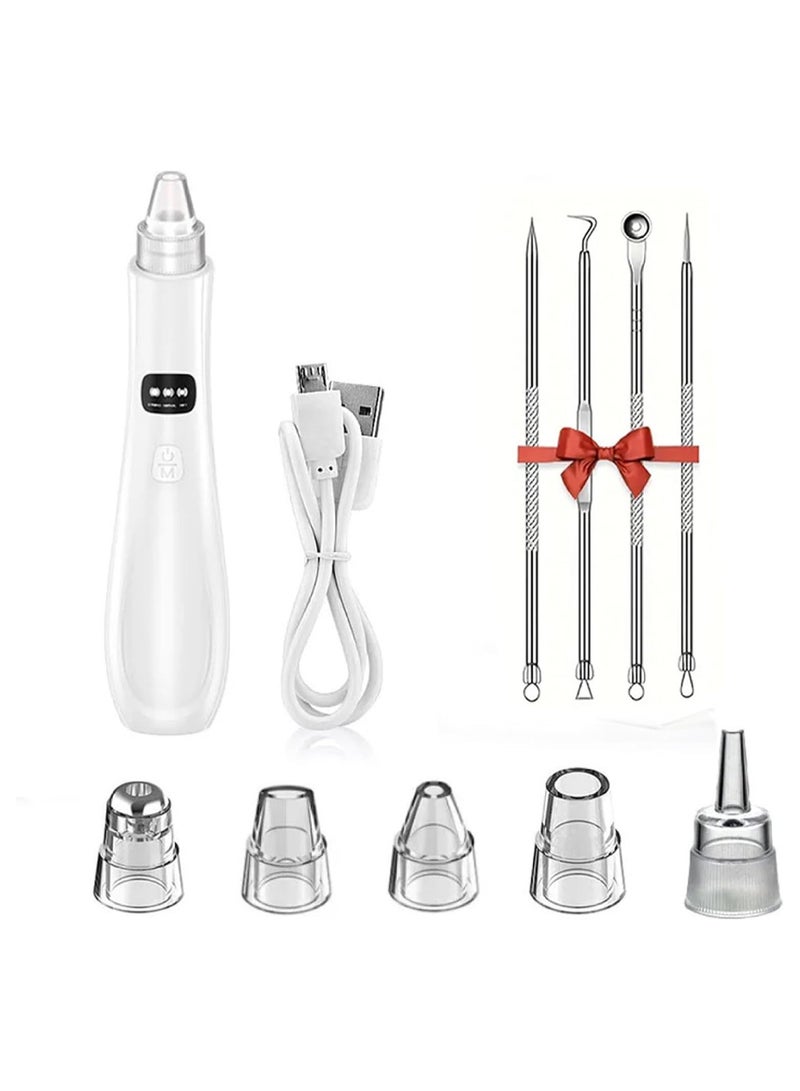 Blackhead Extractor, Blackhead Remover, Upgraded Skin Tag Removal Kit with 5 Probes, Pore Extractor Portable Pimple Extractor, Rechargeable USB Port 3 Speeds Control, for Women and Men White