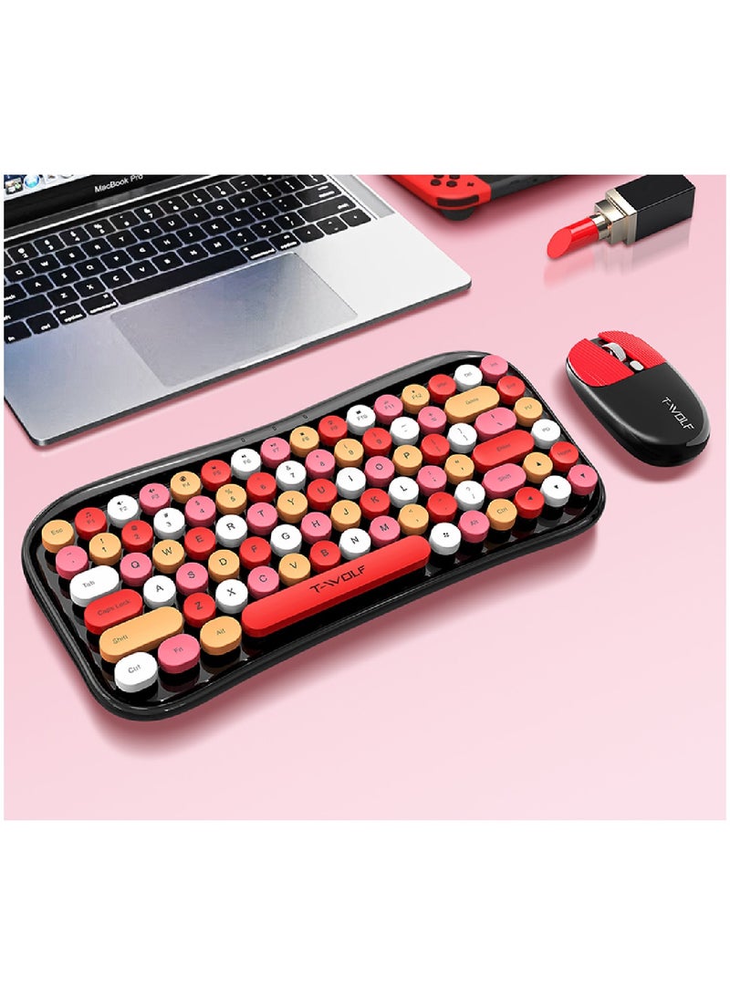 Wireless Keyboard and Mouse 2.4G Keyboard Wireless With Colorful 68 Keys Typewriter Retro Round Keycap For PC Laptop Tablet Computer Windows Black