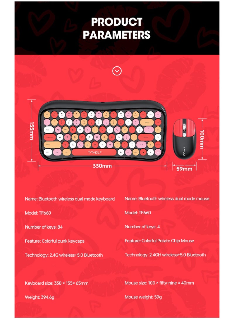 Wireless Keyboard and Mouse 2.4G Keyboard Wireless With Colorful 68 Keys Typewriter Retro Round Keycap For PC Laptop Tablet Computer Windows Black
