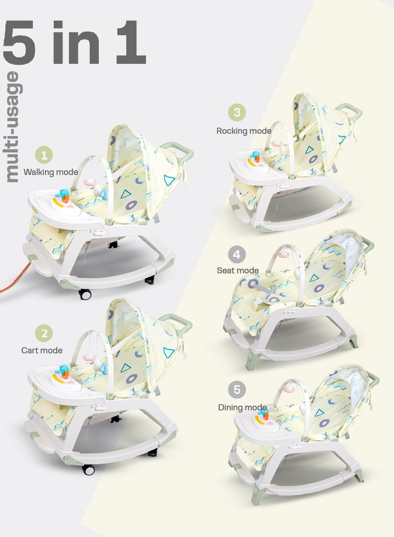 Baybee 5 in 1 Baby Rocking Chair for Kids with Hanging Toys Baby Dining Booster Seat with Multi Position Recline, Music, Wheels & Food Tray Rocker Chair for Babies 0 to 2 Years Boys Girls Green