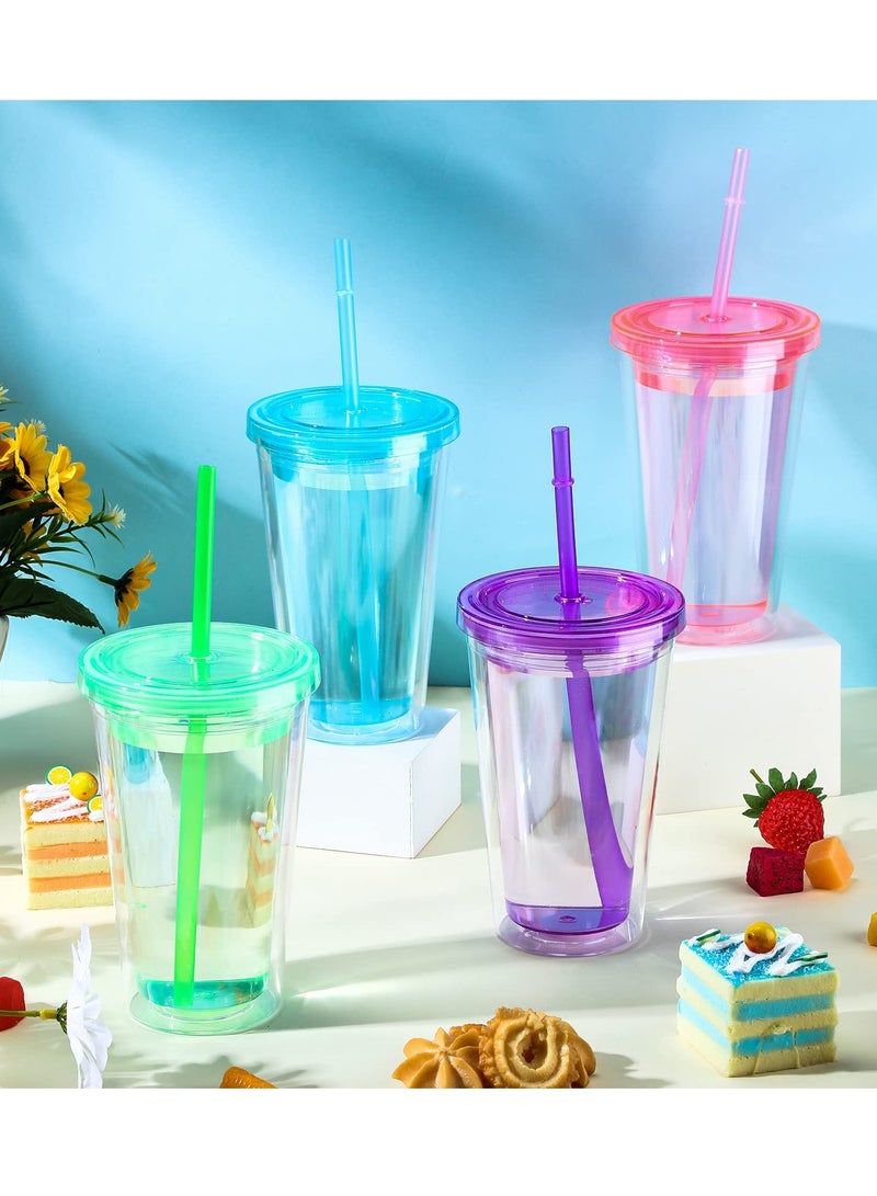 Reusable Transparent Plastic Cup Set, 4 Colored Insulated Double Wall Plastic Tumbler with Lids and Straws, Clear Plastic Tumblers Bulk for Coffee Drinks Milk Tea Juice (16 oz, 4 Pieces)
