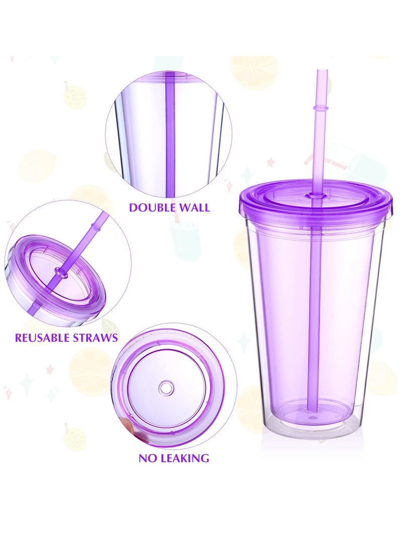 Reusable Transparent Plastic Cup Set, 4 Colored Insulated Double Wall Plastic Tumbler with Lids and Straws, Clear Plastic Tumblers Bulk for Coffee Drinks Milk Tea Juice (16 oz, 4 Pieces)