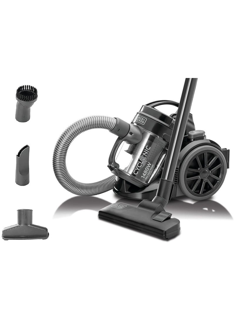 BLACK+DECKER 1480W 1.8L Corded Vacuum Cleaner 18KPa Suction Power Multi-Cyclonic Bagless Vacuum with 6 Stage Filtration, 1.5M 360-degree Swivel Hose And Washable Filter VM1480-B5