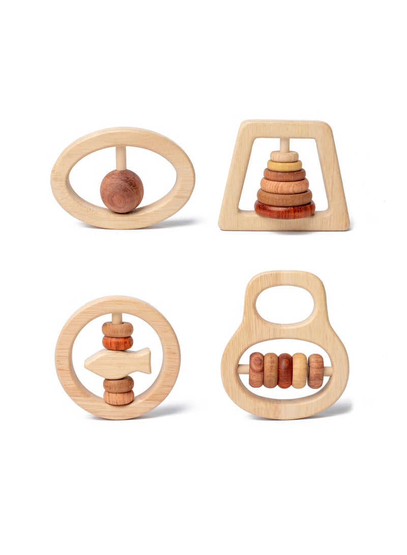 Wooden Baby Rattles Set, 4 Pcs Montessori Toys for Babies, Wooden Rattle for Newborn Babies 0-6-12 Months, Toddler Shower Gift for Boys and Girls