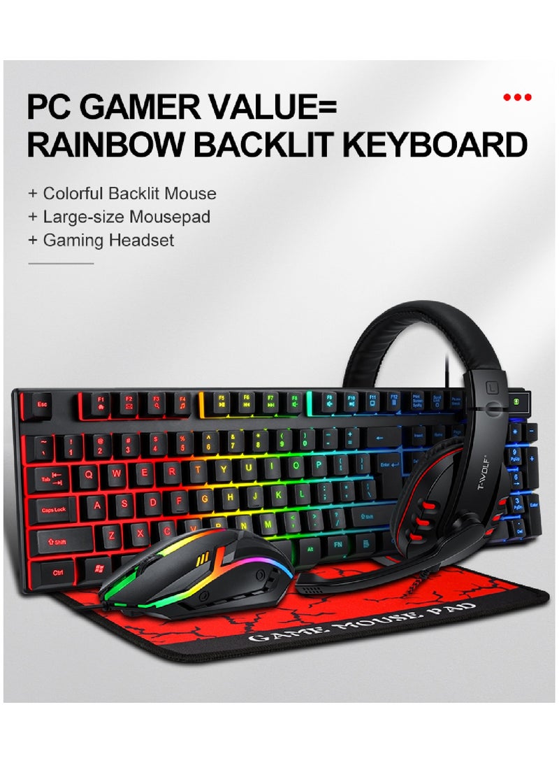 4 in1 Gaming Keyboard Whit Mouse pad Mouse Gaming Headset Wired Led Rgb Backlight Bundle For Pc Gamers and Xbox and PS4 TF800