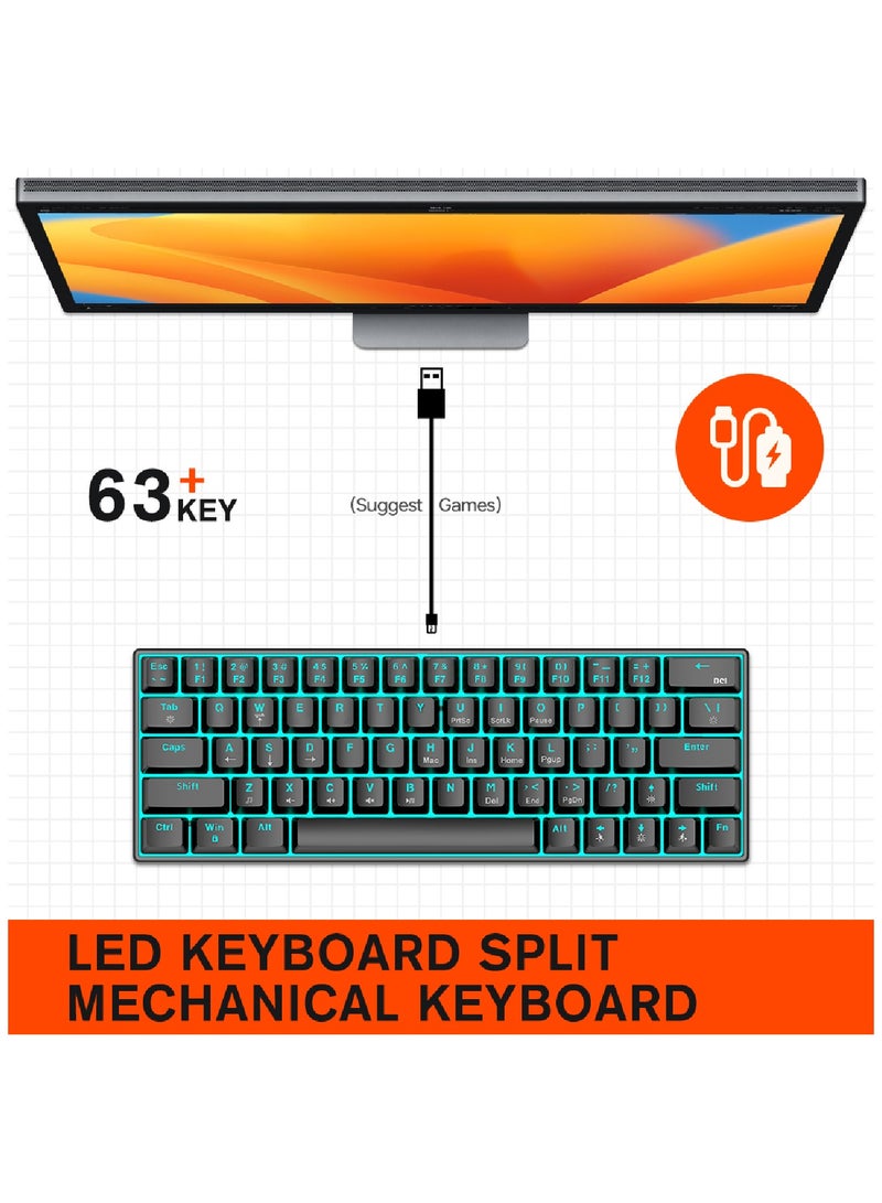63 Keys Wired Mechanical Gaming Keyboard Rgb Backlit Ultra Compact Mini Keyboard Waterproof Mini Compact 63 Keys Keyboard For PC Mac Gamer Typist Travel Easy Black