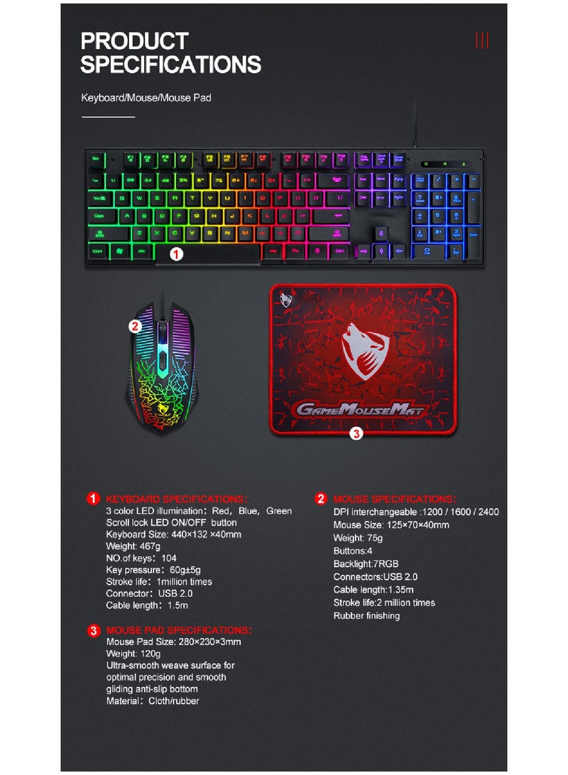 Gaming Keyboard And Mouse Keyboards With Rainbow 104 Keys 2400 dpi Mouse  Mouse Pad USB Cable Compatible With Windows Mac PC PS4 Xbox Black