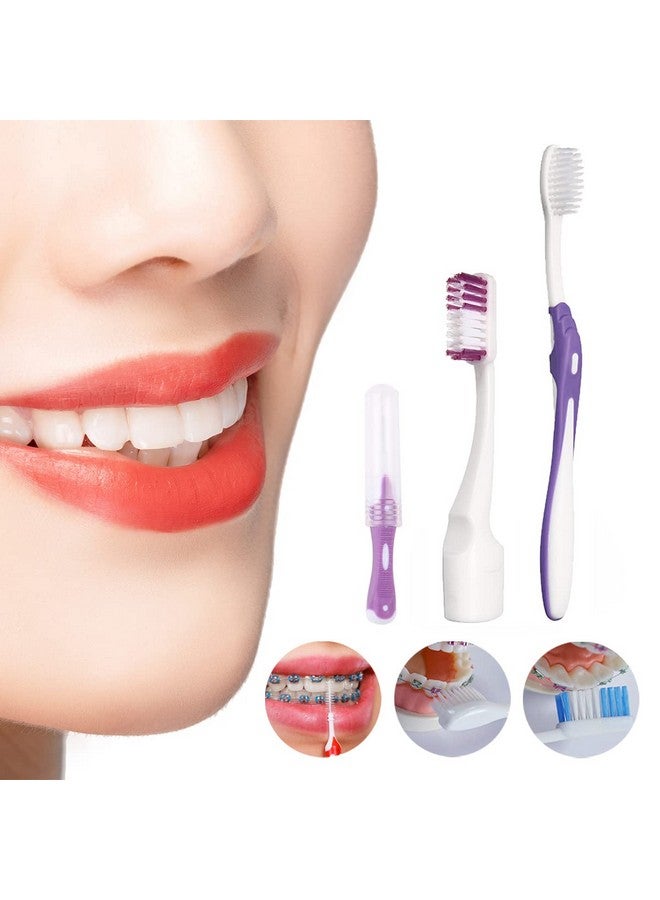 Braces Cleaning Kit For Teeth Portable Orthodontic Toothbrush Kit Oral Care Dental Travel Kitinterdental Brush Dental Wax Dental Floss Toothbrush Box (Purple B)