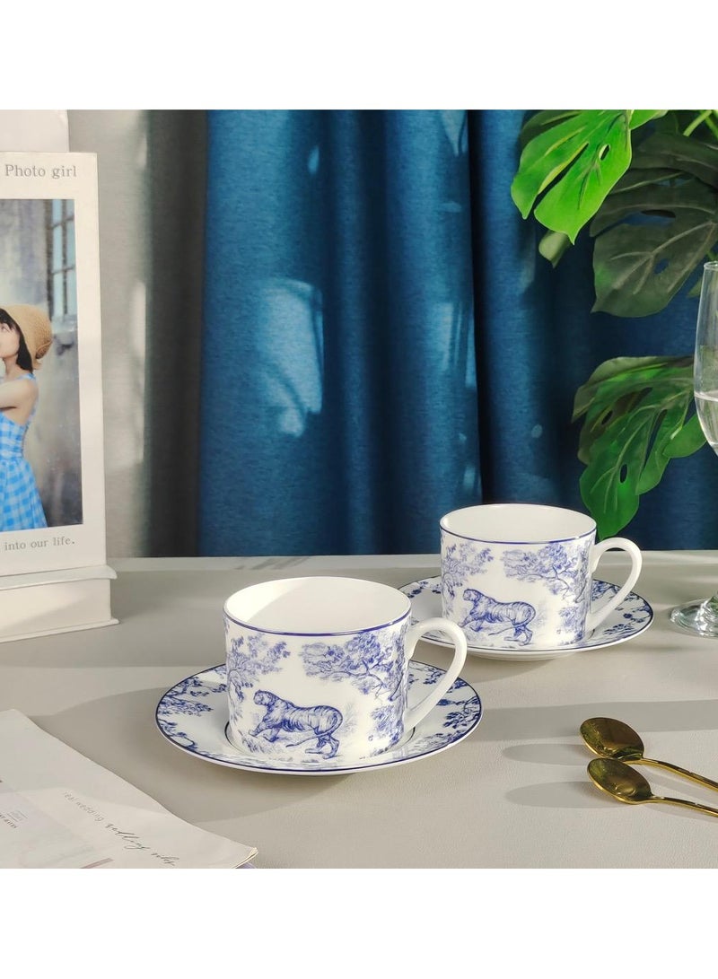 Bone China Tea Cup and Saucer Set for 1, Blue and White Coffee Cup with Plate Set