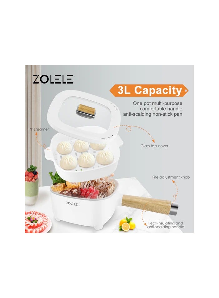 Zolele ZC306 Electric Cooking Pot Multifunctional Hot Pot 3L Large Capacity Non Stick Coating Frying Pan 1000W - White