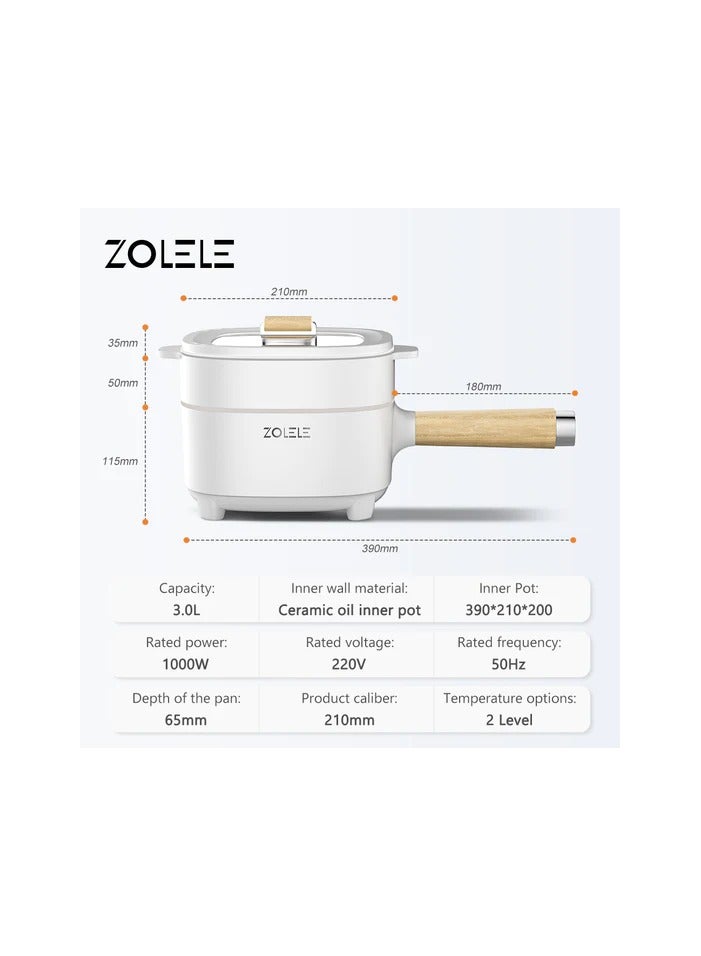 Zolele ZC306 Electric Cooking Pot Multifunctional Hot Pot 3L Large Capacity Non Stick Coating Frying Pan 1000W - White