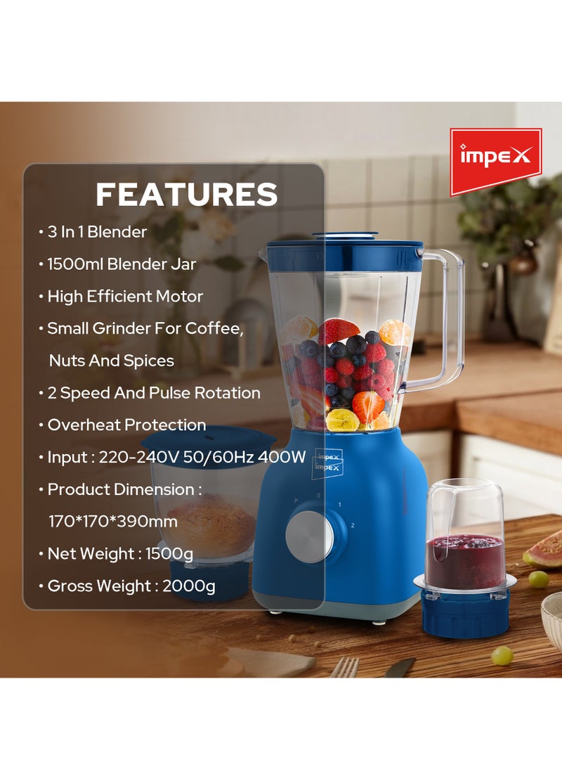 Blender Mixer Grinder with Mincer Mills Pulse rotation 2 Speed Control and Overheat Protection, 2 Years Warranty 1.5 L 400 W BL 3503BL Blue