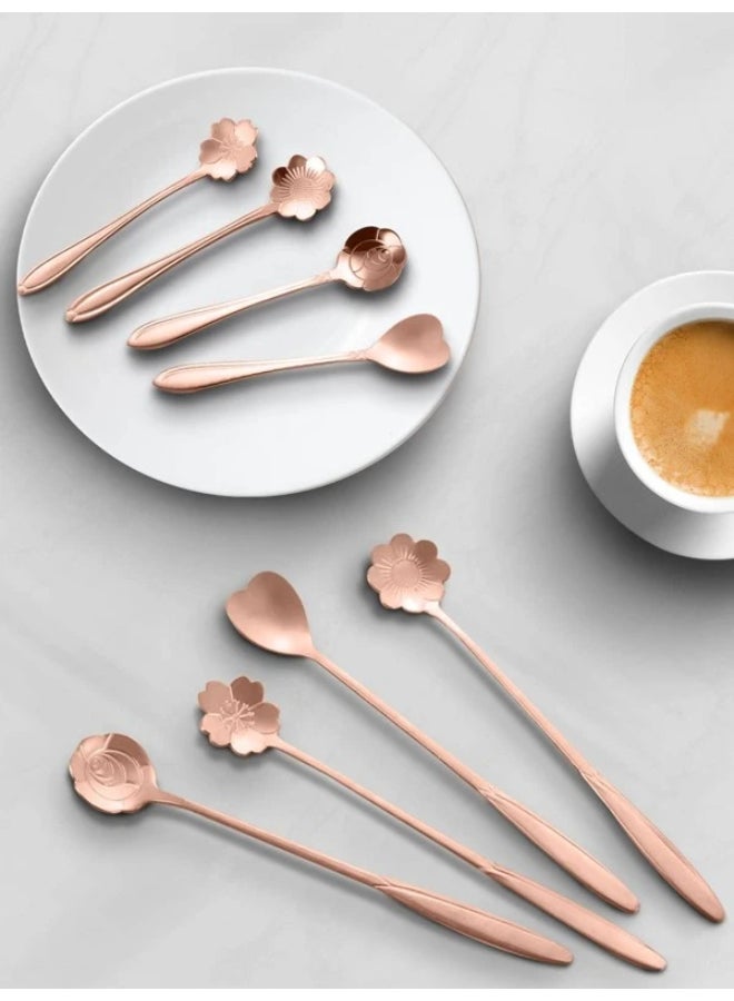 Rose Gold 8pcs Stainless Steel Creative Cutlery Set Including Flower Spoon, Watermelon Spoon, Ice Cream Spoon, Coffee Spoon, Cake Spoon And Suitable For Chinese Hotel And Home Kitchen