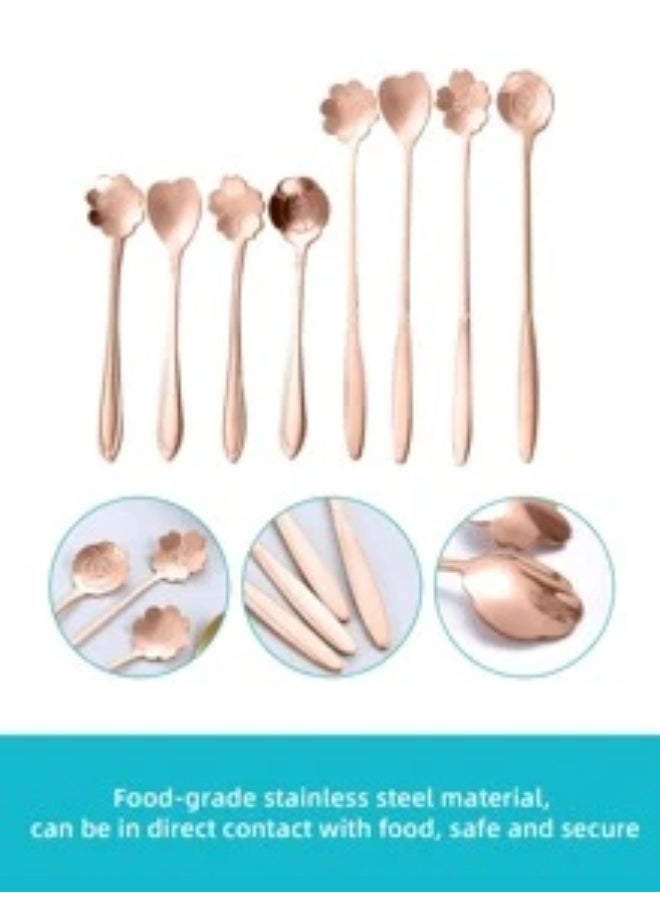 Rose Gold 8pcs Stainless Steel Creative Cutlery Set Including Flower Spoon, Watermelon Spoon, Ice Cream Spoon, Coffee Spoon, Cake Spoon And Suitable For Chinese Hotel And Home Kitchen