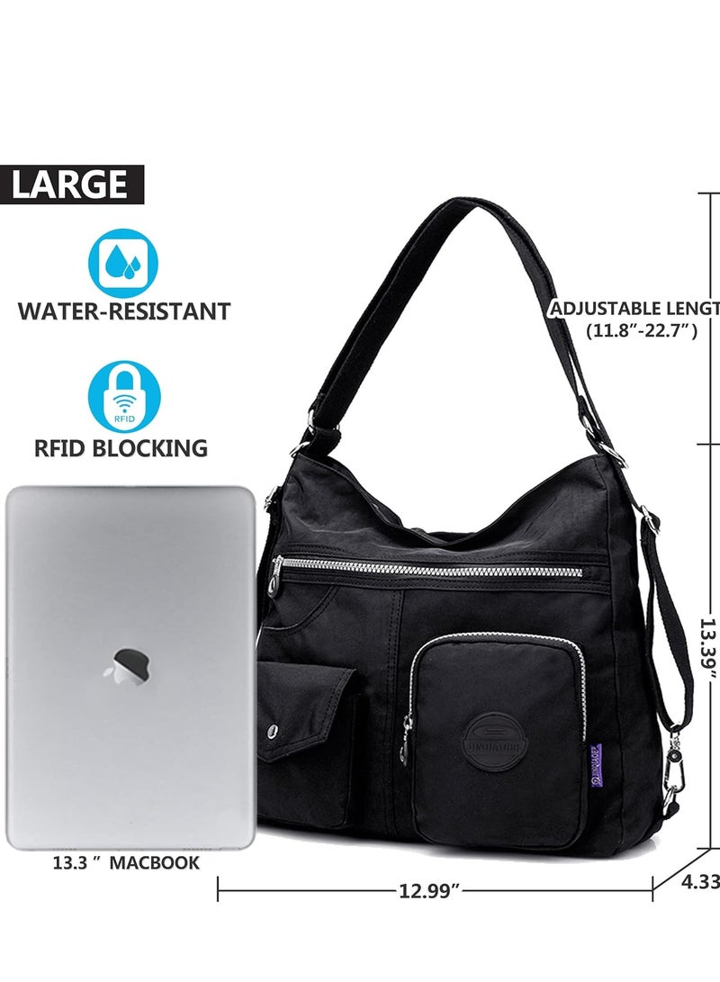 Multipurpose Hobo Purse for Women with Antitheft RFID, Waterproof Nylon Crossbody Bag Shoulder Handbag, Convertible Backpack