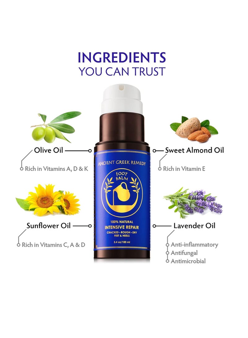 Ancient Greek Remedy Organic Foot Balm for Dry Cracked Feet and Heels, Made of Olive, Almond, Jojoba, Lavender and Vitamin E Oil. Natural Cream Moisturizer for Dry Skin Care for Women, Men
