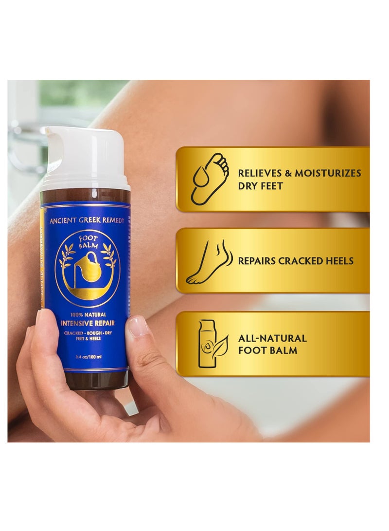 Ancient Greek Remedy Organic Foot Balm for Dry Cracked Feet and Heels, Made of Olive, Almond, Jojoba, Lavender and Vitamin E Oil. Natural Cream Moisturizer for Dry Skin Care for Women, Men