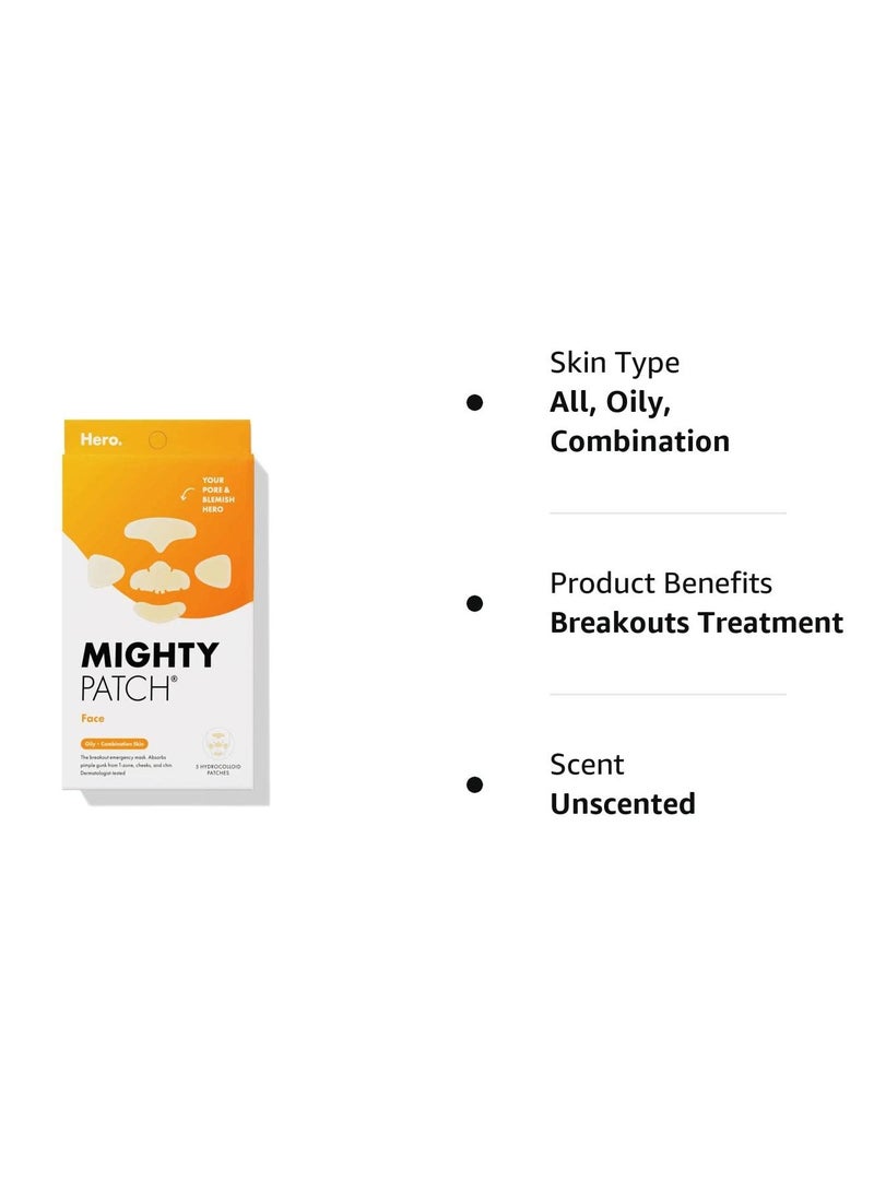 Mighty Patch™ Face Patch from Hero Cosmetics - XL Hydrocolloid Face Mask for Acne, 5 Large Pimple Patches for Zit Breakouts on Nose, Chin, Forehead & Cheeks - Vegan-Friendly (1 Count)