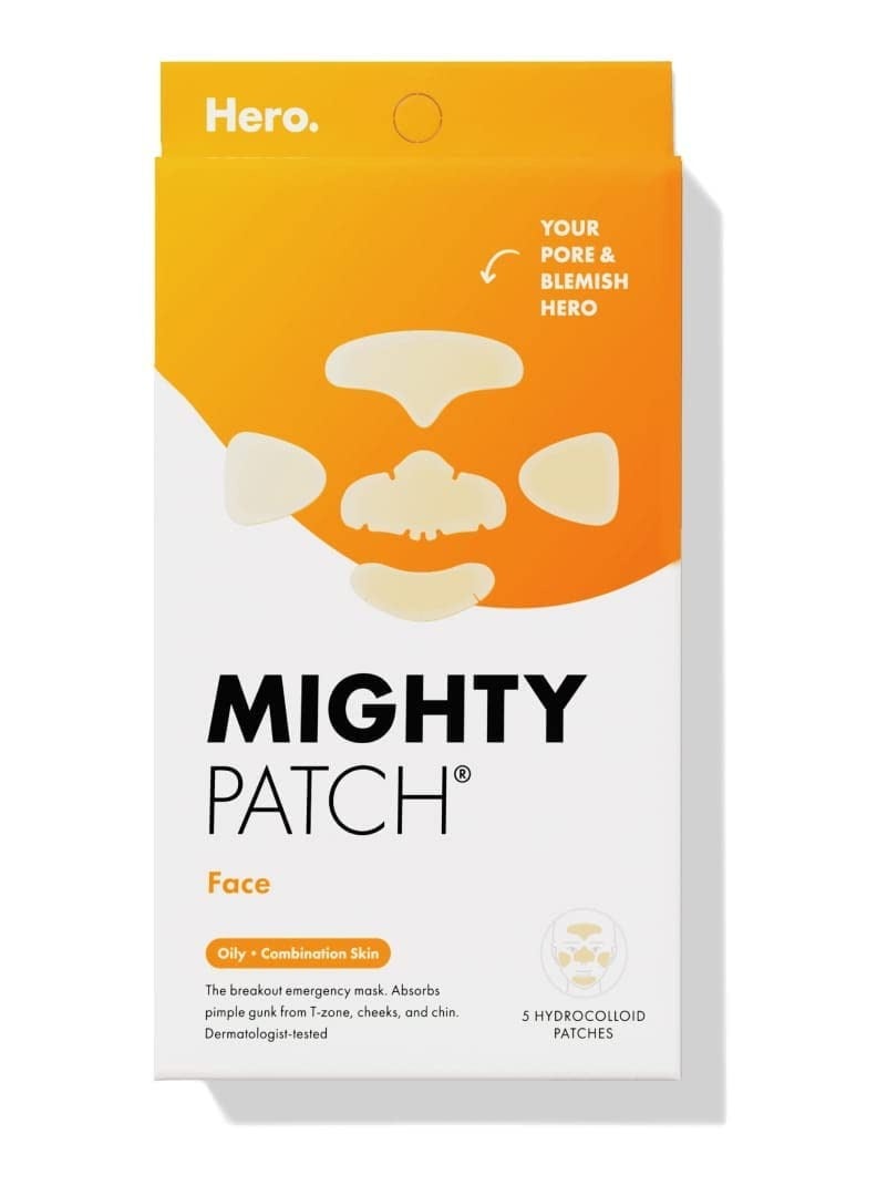 Mighty Patch™ Face Patch from Hero Cosmetics - XL Hydrocolloid Face Mask for Acne, 5 Large Pimple Patches for Zit Breakouts on Nose, Chin, Forehead & Cheeks - Vegan-Friendly (1 Count)
