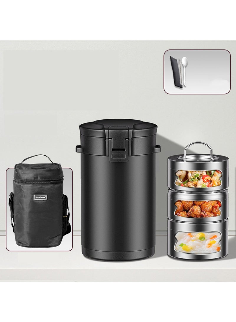 Bento Box Lunch Box 316 Stainless Steel Vacuum Insulated Lunch Box for Students Office Workers Free Insulated Bag and Cutlery Set Black 2.5L 3 layers