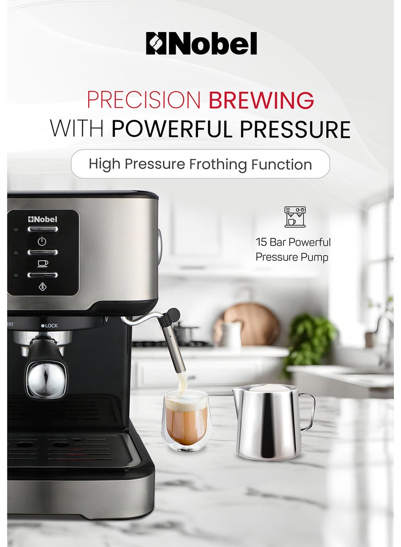Coffee Machine, 1.5L Detachable Water Tank, Dual Stainless Steel Filter, 15 Bar Pressure Pump, High Pressure Frothing, Overheat Protection, Adjustable Steam Knob 1.5 L 1100 W NCM21 Black