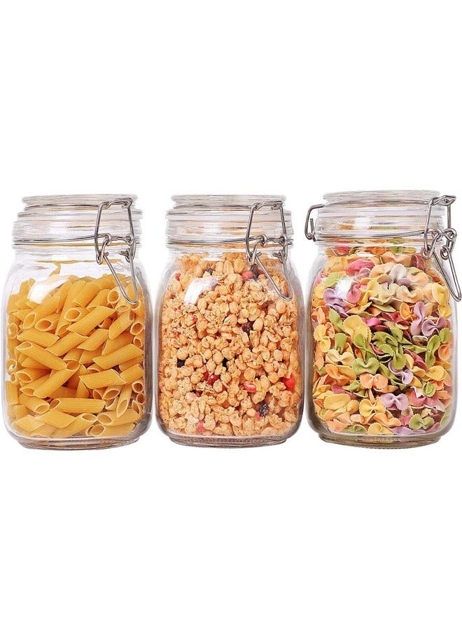 Glass Canister Set of 3 with Lids 34oz Food Storage Jar Square - Storage Container with Clear Preserving Seal Wire Clip Fastening for Kitchen Canning Cereal Pasta Sugar Beans Spice