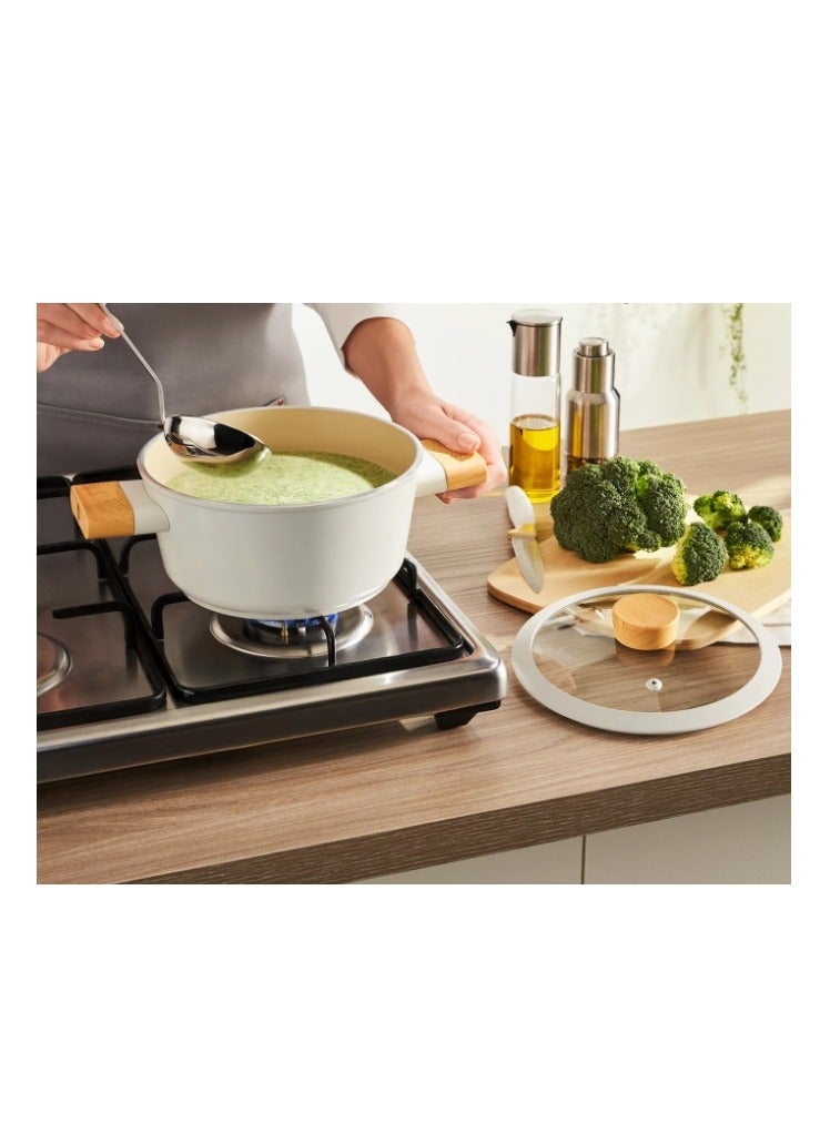 Swiss Crystal High Quality Ceramic Coating Non-Stick Casserole - 18cm- Glass Lid With Protective Silicon Edge - Natural Wood Handles and Knob - Beige