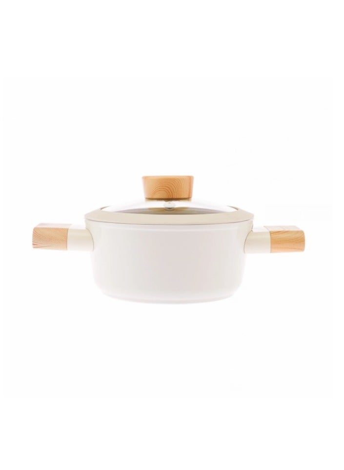 Swiss Crystal High Quality Ceramic Coating Non-Stick Casserole - 18cm- Glass Lid With Protective Silicon Edge - Natural Wood Handles and Knob - Beige