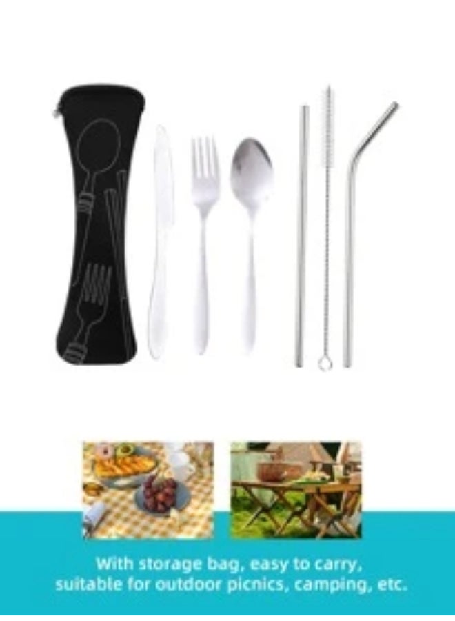Black 7pcs Stainless Steel Portable Cutlery Set Knife, Fork, Spoon, Straight Straw, Curved Straw, Straw Brush, With Portable Bag, Suitable For Outdoor Camping, Picnic, Student Canteen Use