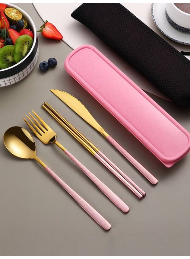 Pink Gold 4pcs Stainless Steel Portable Tableware Set, Including Steak Knife, Fork, Spoon and Chopsticks