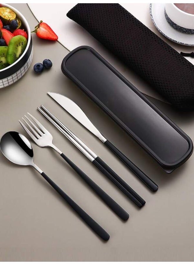 Black Sliver 4pcs Stainless Steel Portable Tableware Set, Including Steak Knife, Fork, Spoon and Chopsticks