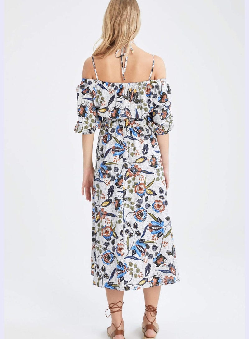 Strappy Half Sleeves Floral Print Maxi Dress