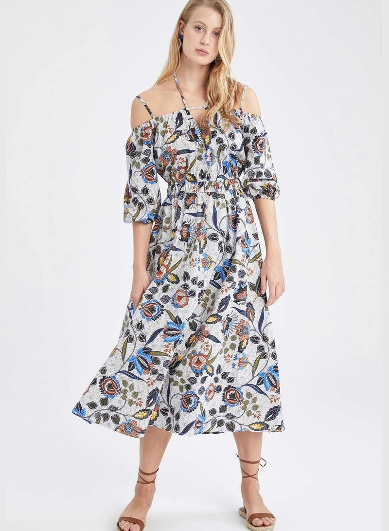 Strappy Half Sleeves Floral Print Maxi Dress