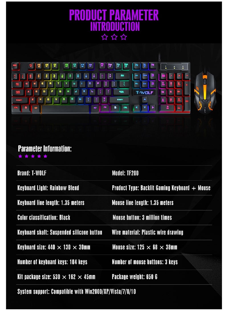 Wired Keyboard And Mouse Set 104 Keys USB Wired Keyboard 2400DPI Mouse Rgb Backlit Gaming Keyboard Mouse Combo