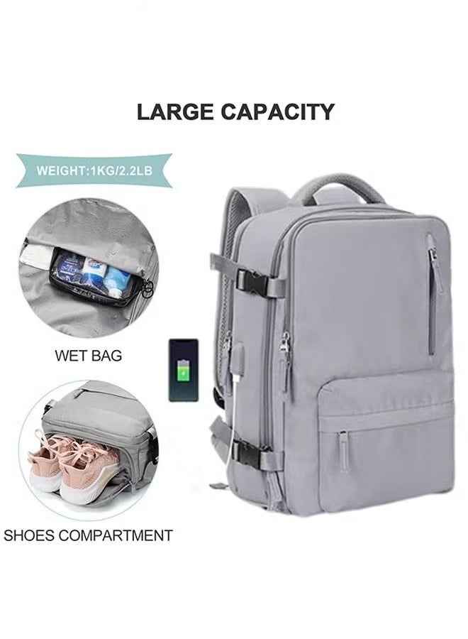 Travel Backpack for Men Women Carry On Backpack with USB Charging Port Shoe Compartment 15.6 Inch Laptop Backpack Flight Approved College School Bag Casual Daypack for Weekender Business Hiking