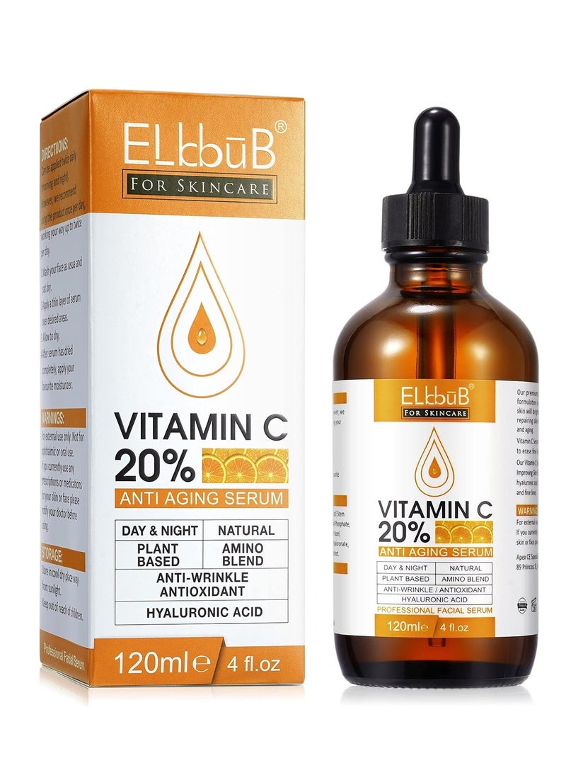 Premium 20% Vitamin C Serum For Face with Hyaluronic Acid, Retinol & Amino Acids - Boost Skin Collagen,Hydrate & Plump Skin, Anti Aging & Wrinkle Facial Serum (4 Fl Oz (Pack of 1))