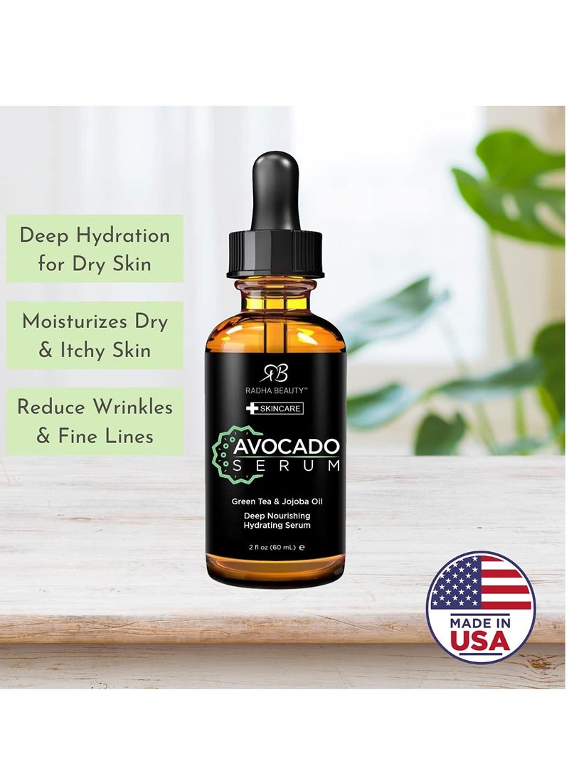 Radha Beauty 2oz Avocado Facial Serum with Hyaluronic Acid, Vitamin E, Jojoba & Green Tea - Moisturizing & Anti-Aging Formula