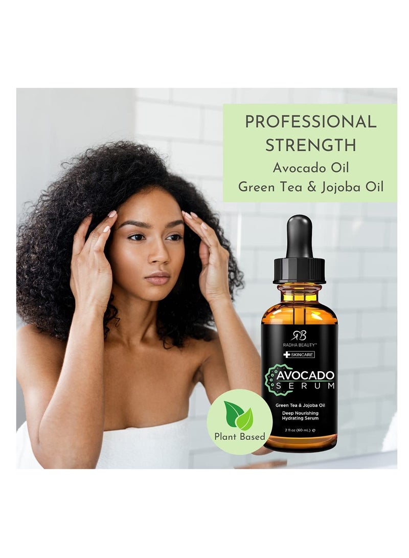 Radha Beauty 2oz Avocado Facial Serum with Hyaluronic Acid, Vitamin E, Jojoba & Green Tea - Moisturizing & Anti-Aging Formula
