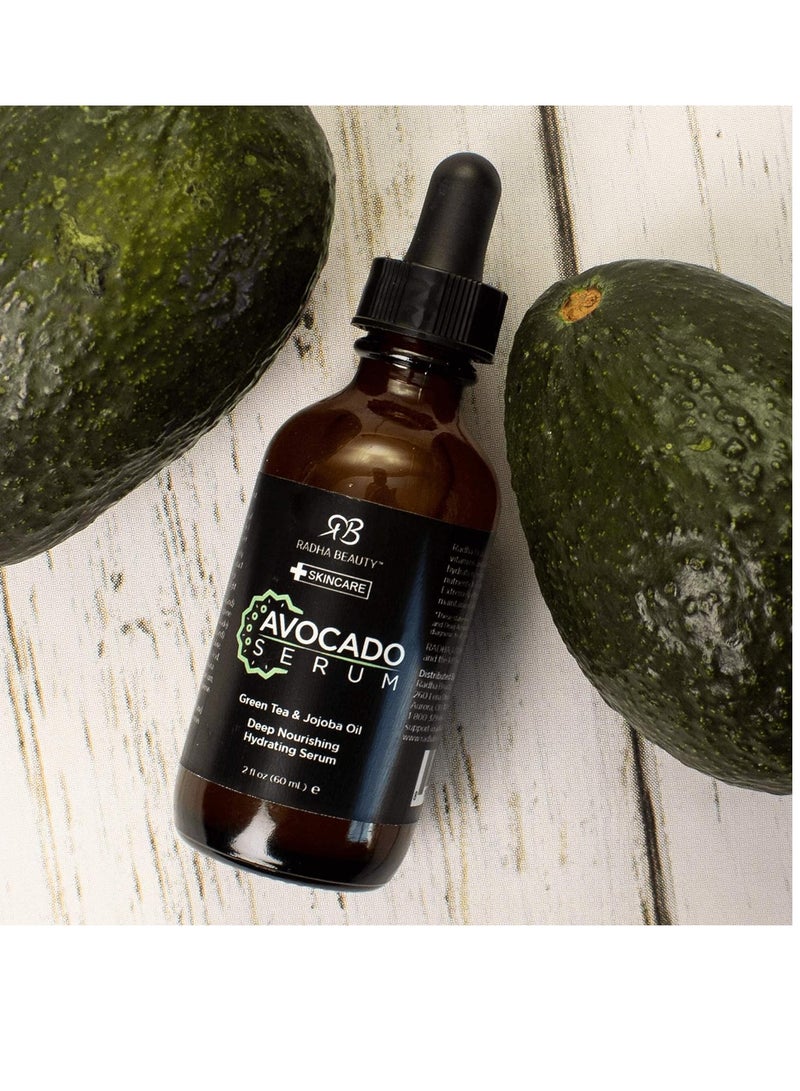Radha Beauty 2oz Avocado Facial Serum with Hyaluronic Acid, Vitamin E, Jojoba & Green Tea - Moisturizing & Anti-Aging Formula