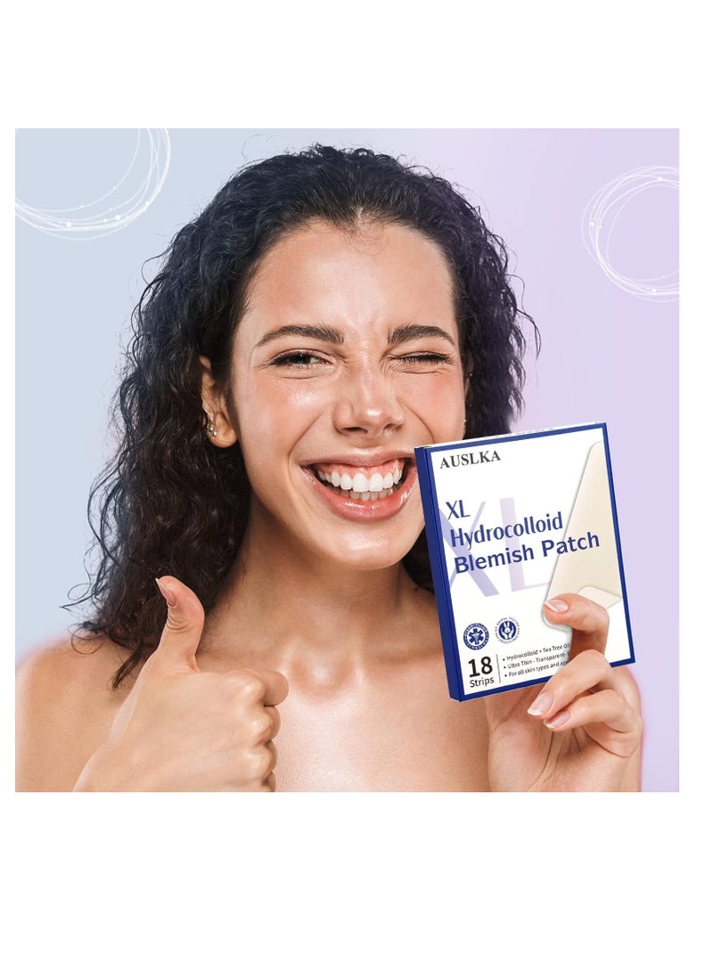 Large Blemish Patches XL -18 Strips - Hydrocolloid Patch for Covering Zits - Spot Stickers - Vegan and Cruelty for Face and Skin