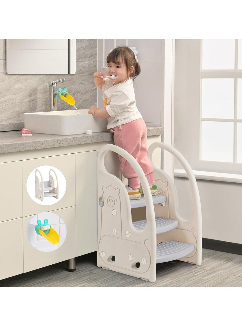 Toddler 3 Step Stool Kids Standing Tower for Toddlers Plastic Learning Helper Stool for Kitchen Counter Bathroom Sink Toilet Potty Training with Handles and Non-Slip Pads-Grey White