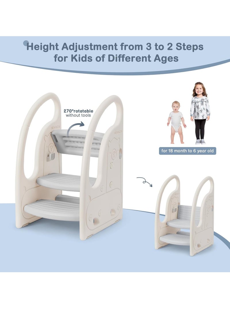 Toddler 3 Step Stool Kids Standing Tower for Toddlers Plastic Learning Helper Stool for Kitchen Counter Bathroom Sink Toilet Potty Training with Handles and Non-Slip Pads-Grey White