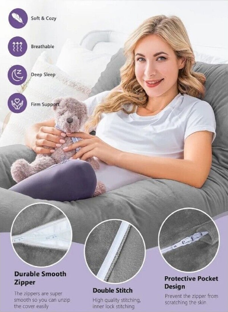 Luxury Body Pregnancy Pillow Back Pain Support With Soft Cover Velvet Grey 130 x 70cm
