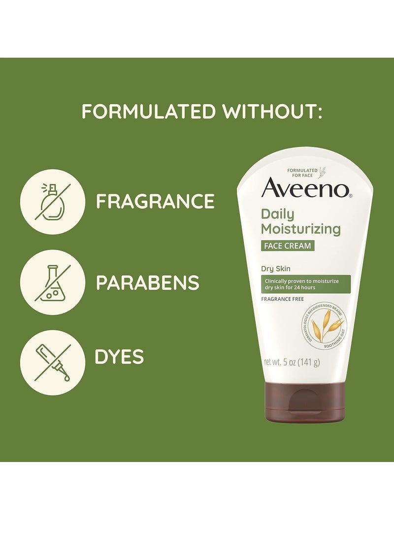 Aveeno Daily Moisturizing Fragrance-Free Prebiotic Oat Face/Facial Cream Clinically Proven to Moisturize Dry Skin for 24 Hours, Paraben-, Fragrance- & Dye-Free, 5 oz