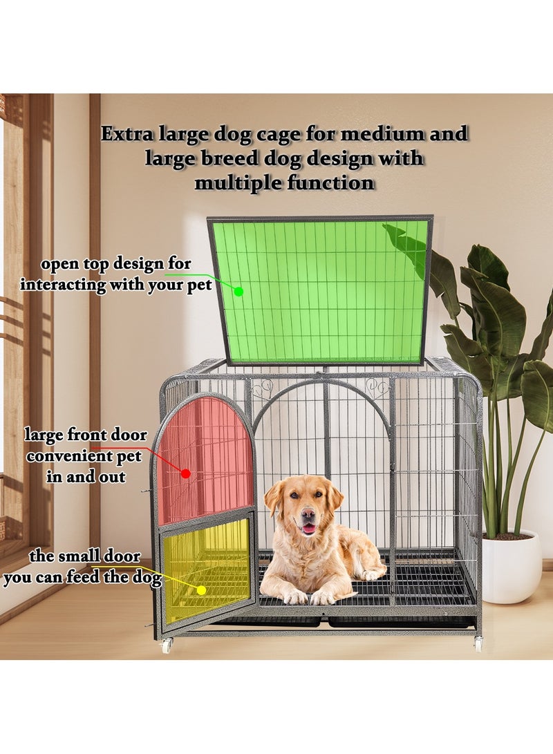 Dog cage for medium and large dogs with Lockable wheels, Plastic tray, and Feeding door, Heavy-duty open-top design extra large dog crate playpen, Indoor and outdoor use (125 cm)