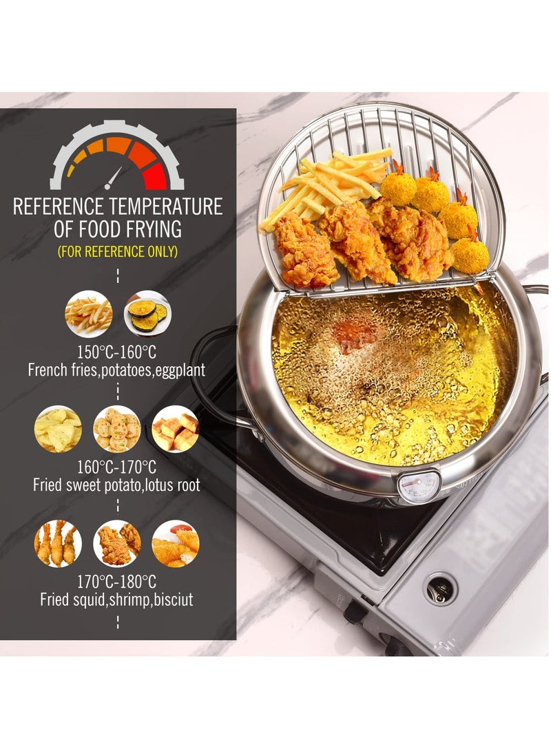 Deep Fryer Pot, 3.4L Japanese Tempura Deep Fryer Pot, 304 Stainless Steel Frying Pot With Thermometer, Lid, and Oil Drip Drainer Rack, Ideal for Kitchen French Fries, Chicken, Fish, and Shrimp